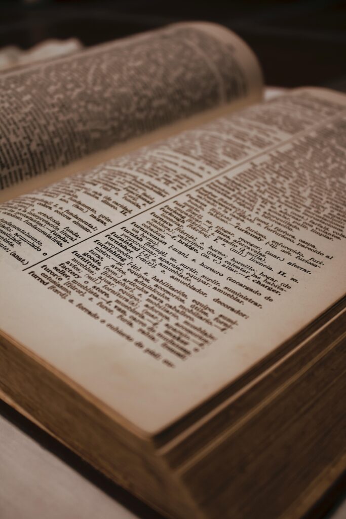 Close-up of an old Spanish dictionary open on a page, highlighting text under warm lighting.